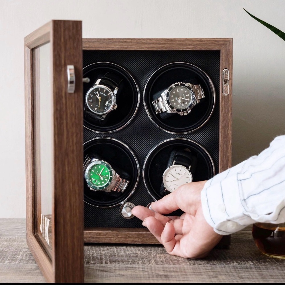 Deluxe 4-Slot Watch Winder in Walnut Finish - Brown